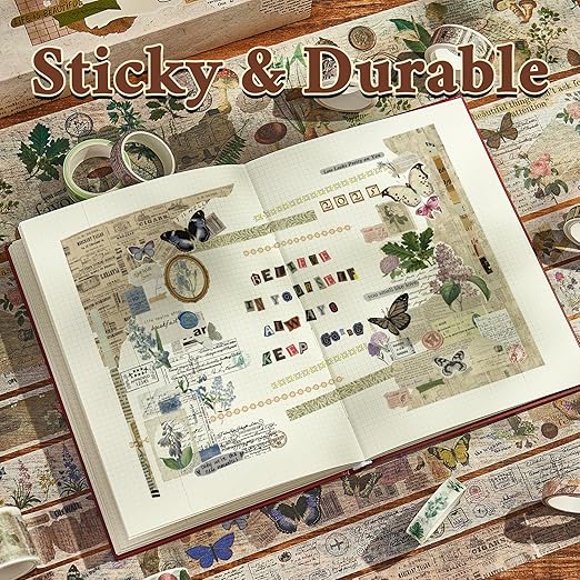 Vintage Washi Tape Set 24 Rolls,Decorative Masking Tape for Junk Journal,Scrapbooking Supplies,DIY Crafting Supplies