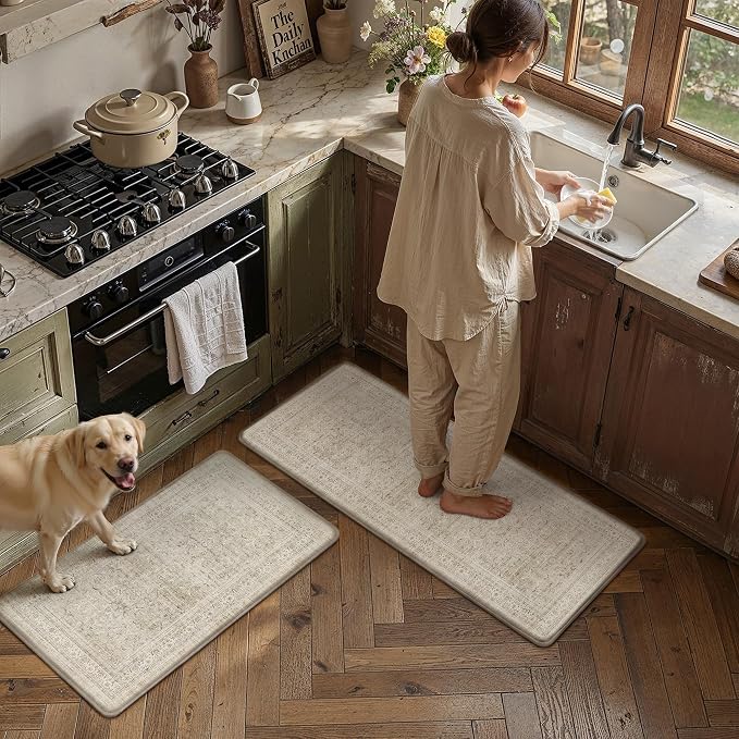 HUGEAR 2-Piece Beige Vintage Kitchen Mat Set | Washable, Anti Fatigue, Non Slip, Soft, Vintage, Floral, Distressed, Farmhouse, for Sink Entryway Bathroom Laundry