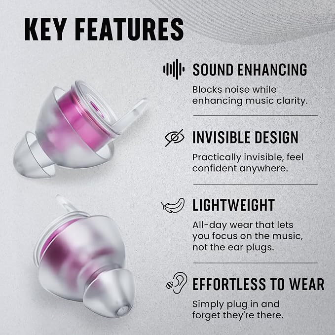 Plugz Lightweight Purple Concert Earplugs - Invisible, Reusable Ear Plugs for Concerts, Loud Music, All-Day Comfort Up to 23dB Noise Cancelling Ear Plugs, Two Pairs Clear Ear Plugs in Portable Case