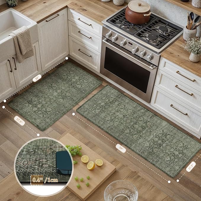 PureCozy Kitchen Mats 2PCS Anti Fatigue Cushioned Mat Green Vintage Kitchen Mats for Floor Waterproof Non Slip Comfort Standing Distressed Rug for Sink Laundry Office 17.3"x59"+17.3"x30"