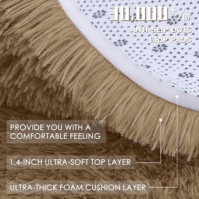 OLANLY Taupe Round Rugs for Bedroom - Machine Washable, 3 ft Circle Area Rugs for Living Room, Soft and Fluffy Shaggy Carpet for Teen Girl and Boys, Nursery Rooms, Dorms, Home Decor Aesthetic