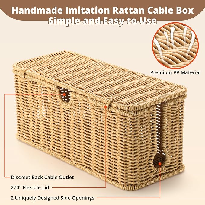 ZhiYo Rattan Cable Management Box, Brown Cord Organizer, 13.5" x 6.2" x 6" | Handwoven imitation rattan cord hider box conceals power strips and cables for a clean desk or floor setup