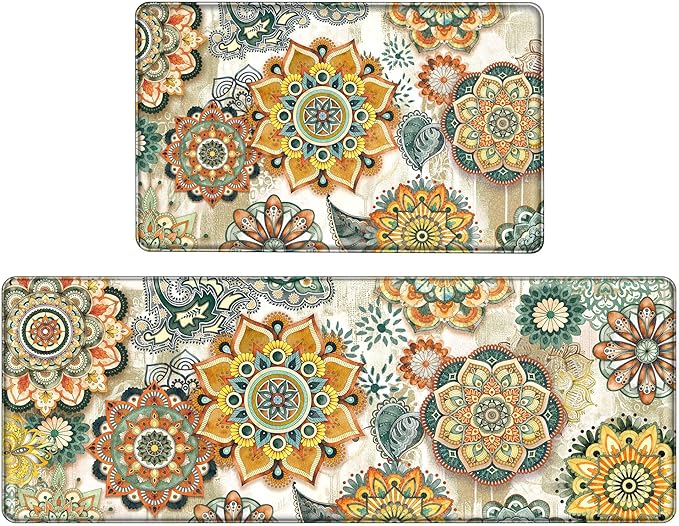 Boho Yellow Floral Kitchen Rugs Mats for Floor 2 Piece Memory Foam Padded Kitchen Mats Anti Fatigue Non Slip Cushioned Comfort Standing Mat, 17.3x28+17.3x47 Inch