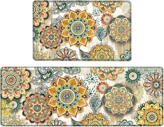 Boho Yellow Floral Kitchen Rugs Mats for Floor 2 Piece Memory Foam Padded Kitchen Mats Anti Fatigue Non Slip Cushioned Comfort Standing Mat, 17.3x28+17.3x47 Inch