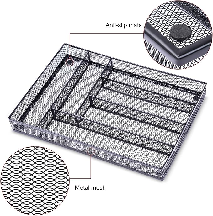 WuGeShop Desk Drawer Organizer with 6 Compartments, Mesh Drawer Organizer Tray for Stationery, Office Supplies Desktop Storage, Black