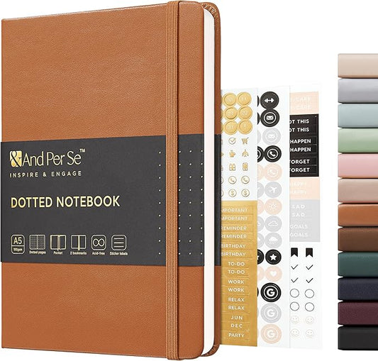 &And Per Se Dotted Journal Notebook, A5 Hardcover Leather Dotted Journal, 160 Pages 100gsm Thick Dot Grid Paper, 3 Sheets of Stickers Included - 5.7'' x 8'' (Light Brown)