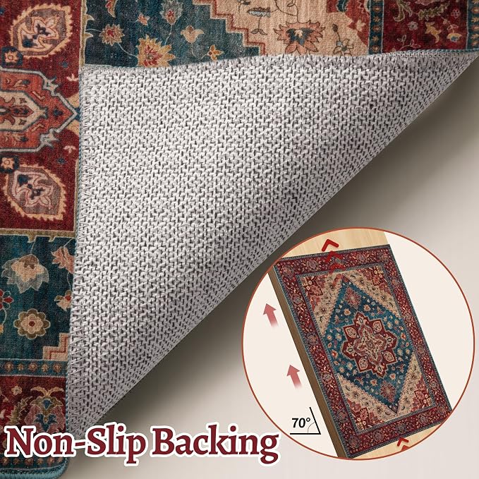 Tangsoo 3x5 Washable Rug, Oriental Indoor Area Rugs, Vintage Non Slip Accent Rug, Print Distressed Boho Red Carpet, Soft Low Pile Rugs for Living Room Dorm Bedroom Bedside Entryway Bathroom