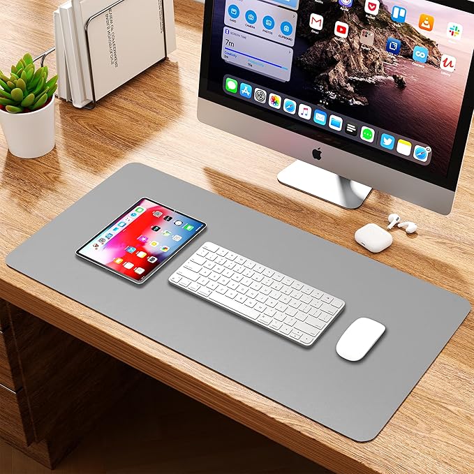 WAYBER Leather Desk Pad Protector, Waterproof Mouse Pad, PU Desk Mat, Office Desk Cover, Desk Writing Mat for Office/Home/Work/Cubicle (Gray/Silver) 31.5x15.7in