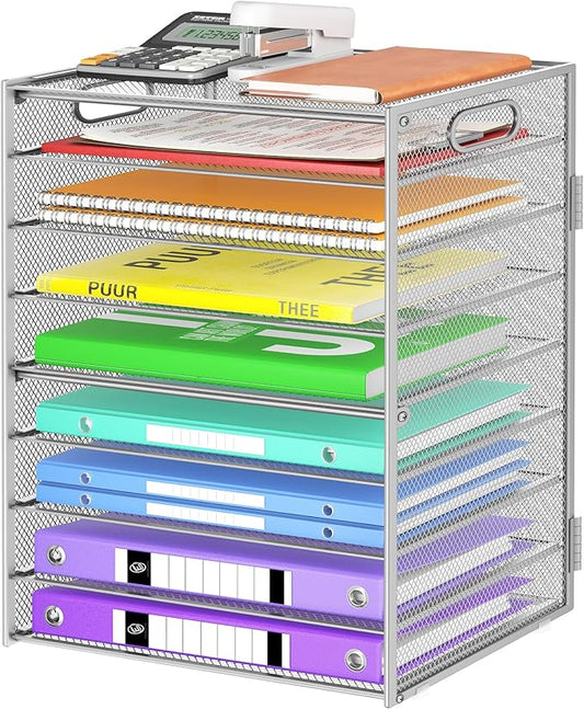 9 Tier Paper Organizer with Handle, Large Capacity Desk Organizer Mesh File Folder Letter Paper Tray Desktop Document Sorter for Classroom, School, and Office Accessories Organization- Silver