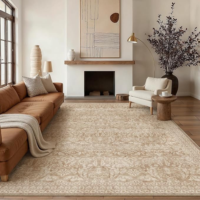 PureCozy 5x7 Area Rug Washable Vintage Living Room Bedroom Carpet Indoor Light Brown Non Slip Soft Low Pile Thin Rug Retro Accent Throw Office Dining Room