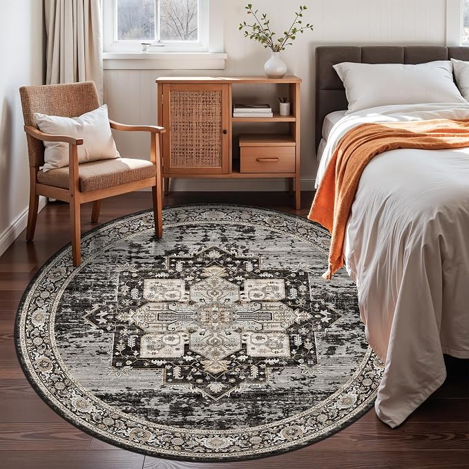 RUUGME Round Area Rug: Machine Washable Stain Resistant 5 Round Rug for Living Room,Bedroom Non Slip Low Pile Carpets for Dining Room Ultra Thin Soft Home Decor Floor Mat 5ft Black