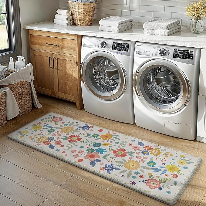 GENIMO Anti Fatigue Kitchen Mats for Floor 2PCS, Cushioned Standing Mats | 17.3"x59"&17.3"x30", SoftWhite vintage floral rug set, waterproof, non slip, easy-clean for farmhouse