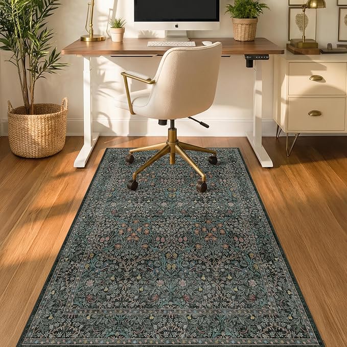 Dark Green 3x5 Office Chair Mat for Hardwood & Tile Floor, Under Desk Rug, Vintage Floral Floor Protector for Rolling Chairs, Office Oriental Low Pile Non Slip & Stain Resistant