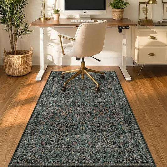 Dark Green 3x5 Office Chair Mat for Hardwood & Tile Floor, Under Desk Rug, Vintage Floral Floor Protector for Rolling Chairs, Office Oriental Low Pile Non Slip & Stain Resistant