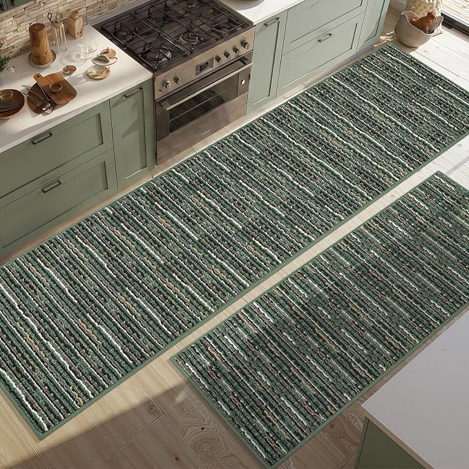 Kitchen Rugs Sets of 2-Non Slip Kitchen Mats for Floor-Thick Stain Resistant Vintage Kitchen Floor Mat Runner Carpet for Hallways Entryway Laundry Room Washable（Green 24"x79"+20"x47"）
