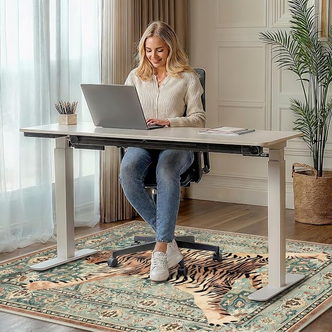 36"x48" Office Chair Mat for Hardwood Tile Floor, Under Desk Carpet Protector for Rolling Computer Chair Mat, Machine Washable Area Rug, Anti-Slip 1/5" Thick Low Pile Thin Vinyl Floor Mat, Tiger Green