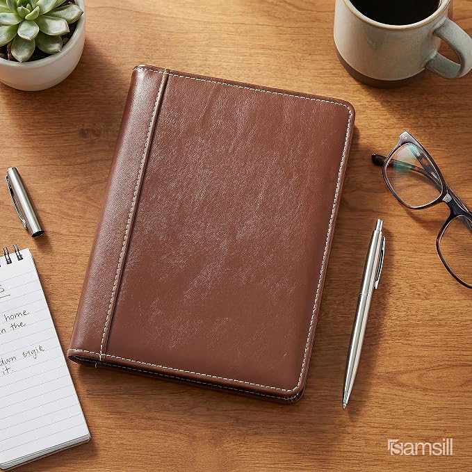 Samsill Contrast Stitch Faux-Leather Portfolio, Mini Size Business Interview Professional Padfolio, Includes 5 x 8 Inch Writing Pad, Brown