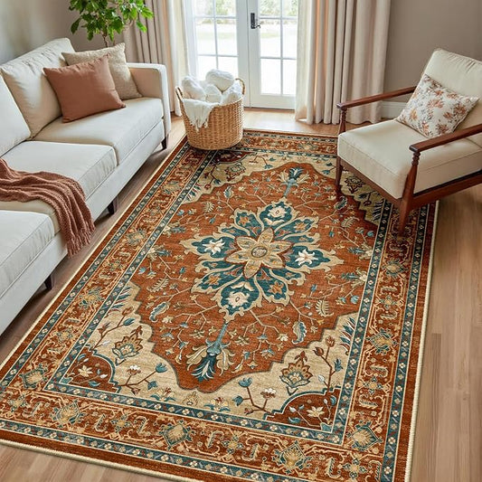 RELEANY Area Rugs 5'x8' Washable Non-Slip, Floral Vintage Distress Medallion Carpet for Living Room Bedroom Dining Room, Red Orange Blue Brown