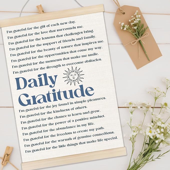 Welshower Vintage Daily Gratitude Positive Affirmations Poster Hanger Frame, Retro Motivational Wall Art Prints Decor for Home Bedroom Dorm Office Yoga Studio Framed, 12x16 Inch（blue）
