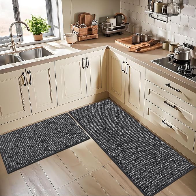BEQHAUSE Kitchen Rugs and Mats 2PCS, Non-Slip Kitchen Mats for Floor, Absorbent and Stain Resistant Kitchen Runner, Machine Washable Rugs for Kitchen, Laundry & Sink, 24"x36"+24"x60", Charcoal