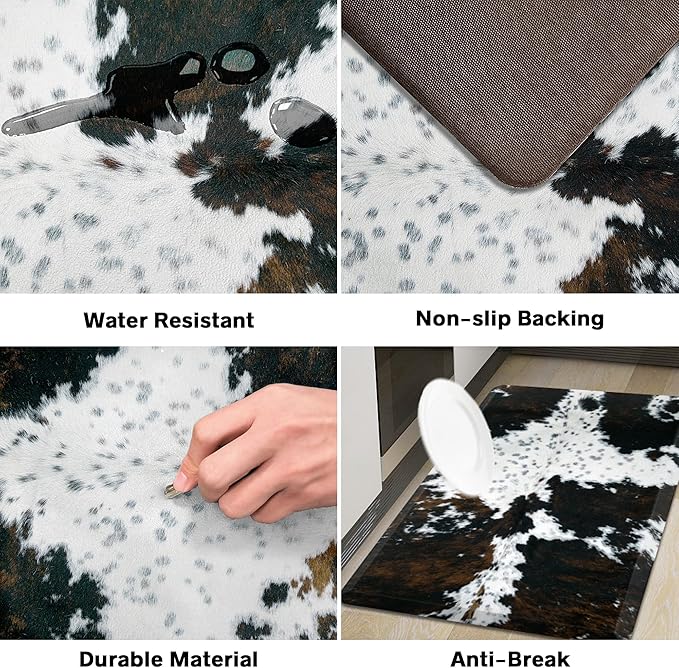Tyrot Cowhide Kitchen Mat Cushioned Anti Fatigue - 1/2 Inch Thick Western Cow Kitchen Mats for Floor, Non Slip PVC Waterproof Standing Desk Ergonomic Comfort Rugs for Sink, Office, Laundry, 17.3x60