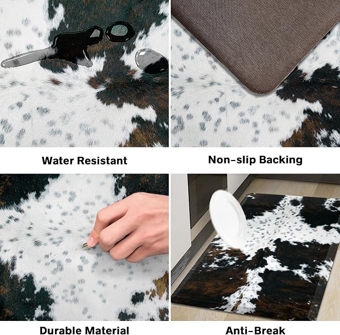 Tyrot Cowhide Kitchen Mat Cushioned Anti Fatigue - 1/2 Inch Thick Western Cow Kitchen Mats for Floor, Non Slip PVC Waterproof Standing Desk Ergonomic Comfort Rugs for Sink, Office, Laundry, 17.3x47