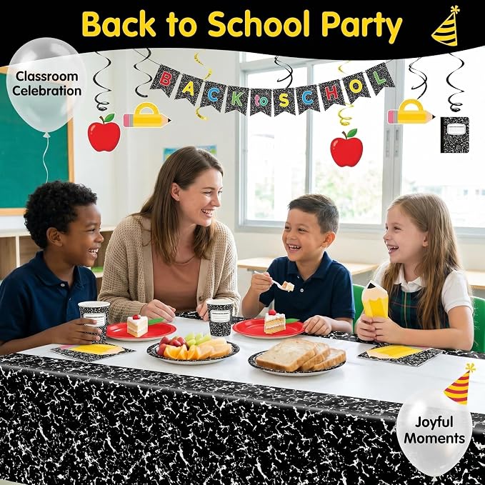 129PCS Apple Pencil Back to School Party Supplies Serves 20, Preschool Kindergarten First Day Classroom Decor Kit Plates Cups Napkins Cutlery Straws Swirls 2 Tablecloths & Banner Kids Graduation