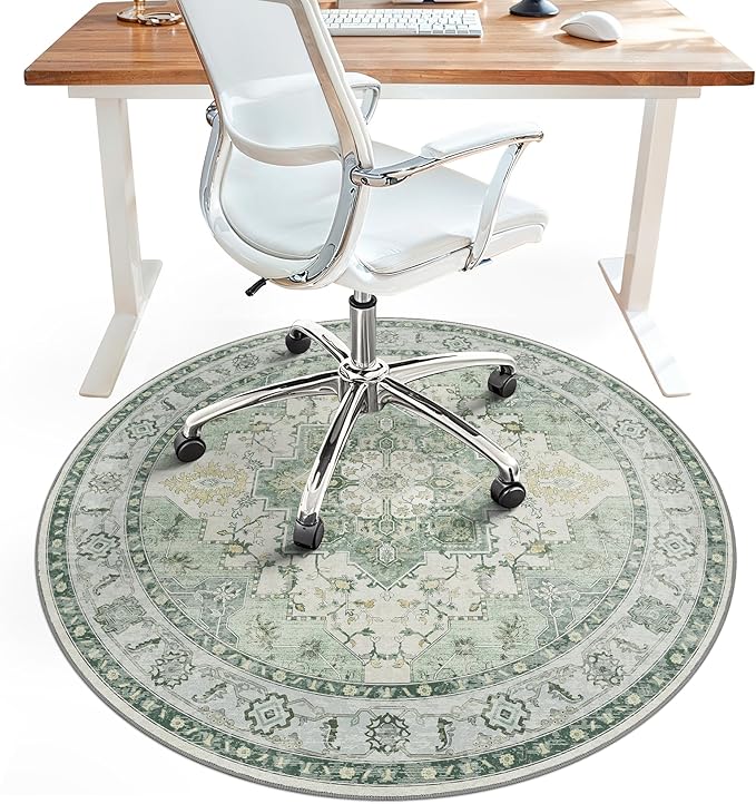 Office Chair Mat for Hardwood Tile Floor, Under Desk Carpet Protector for Rolling Computer Chair Mat, Round Washable Rugs 4ft Circle Area Rug, Anti-Slip 1/5" Thick Low Pile Thin Floor Mat, Green