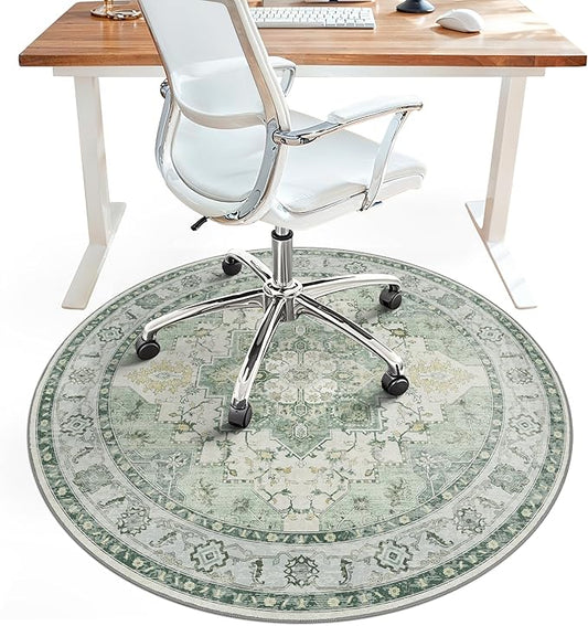Office Chair Mat for Hardwood Tile Floor, Under Desk Carpet Protector for Rolling Computer Chair Mat, Round Washable Rugs 4ft Circle Area Rug, Anti-Slip 1/5" Thick Low Pile Thin Floor Mat, Green