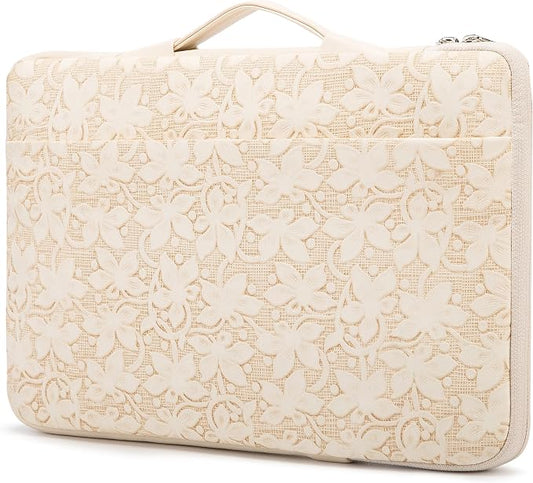 Kinmac Embossed PU Leather 360° Heavy Duty Protective Laptop Sleeve with Poacket (Apricot Floweret, 14 inch-14.6 inch)