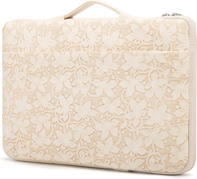Kinmac Embossed PU Leather 360° Heavy Duty Protective Laptop Sleeve with Poacket (Apricot Floweret, 15 inch-15.6 inch)
