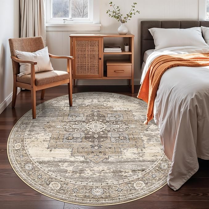 RUUGME Washable Round Rug 5ft: Living Room Circle Rugs with Non Slip Rubber Backing Stain Resistant Indoor Carpet for Bedroom Ultra Thin Soft Floor Decor Mat 5ft Beige