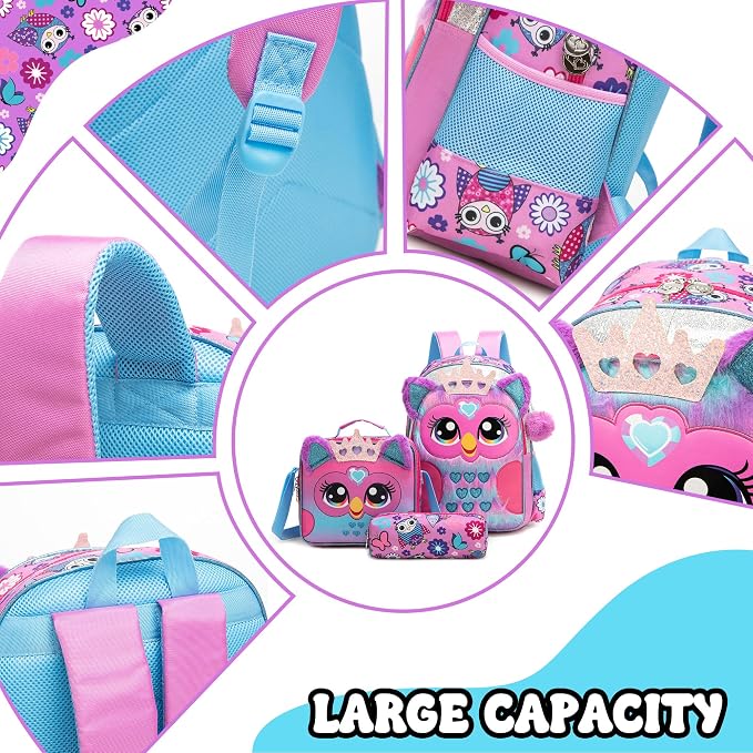 Meetbelify Cute Backpack for Girls Backpack for Elementary Student Kids Travel Bookbag with Lunch Box Pencil Case for Girls Ages 6-8
