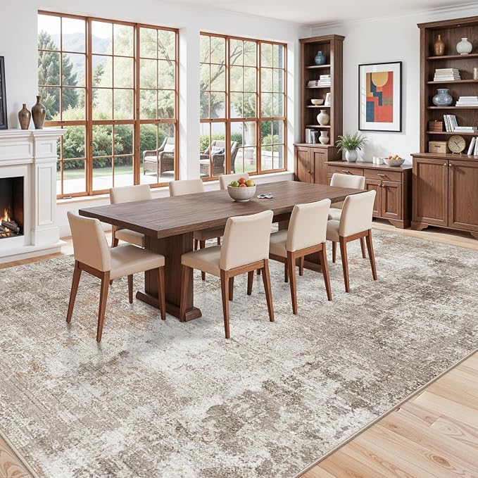 12x14 Area Rug for Living Room – Washable Non-Slip Soft Extra Large Carpet for Bedroom Dining Room Family Room, Modern Neutral Abstract Low Pile Thin Indoor Big Rug （Beige Grey）