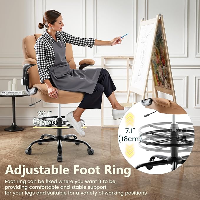 Drafting Chair 500Lbs, Tall Office Chair for Standing Desk, High PU Leather Executive Office Chair with Flip-up Armrests, Ergonomic High Chair with Adjustable Foot Ring, Comfy Stool Chairs, Brown