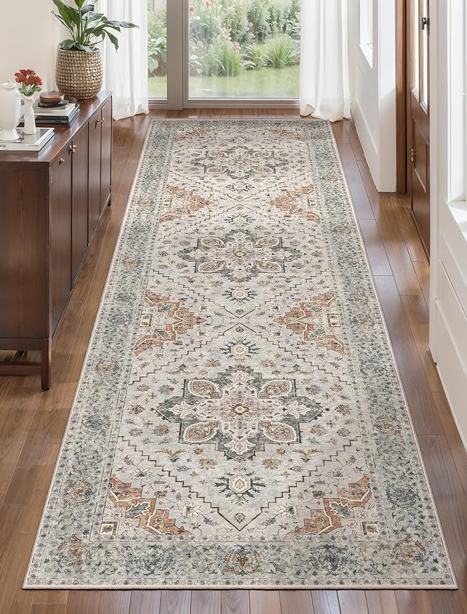 Tangsoo 2.6x10 Hallway Runner Rugs, Washable Runner Rug for Hallways Non Slip Vintage, Neutral Soft Low Pile Long Rug Runner, Indoor Carpet Runners for Living Room Kitchen Bedroom Entryway Grey