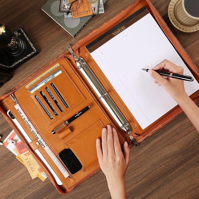 Vegan Leather Padfolio, Brown Binder with Pattern - 3 Ring Portfolio Organizer, Personalized Resume Folder (Pink)