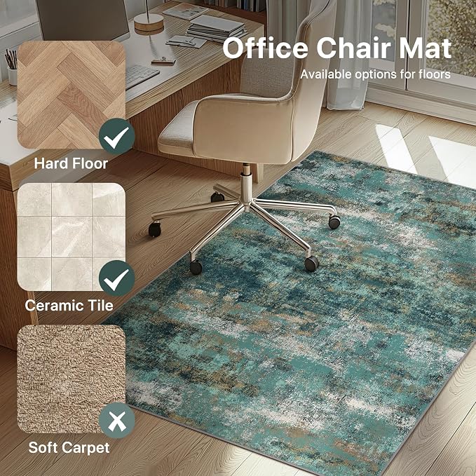 48"x72" Office Chair Mat for Hardwood Tile Floor, Under Desk Carpet Protector for Rolling Computer Chair Mat, Machine Washable Area Rug, Anti-Slip 1/5" Thick Low Pile Thin Vinyl Floor Mat, Teal Blue