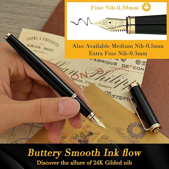 BEILUNER Black Fountain Pen,Stunning Luxury Pens with 24K Gold Accents, Gorgeous 24K Gilded Nib(Fine), Trustworthy Pen Gift for Men&Women -Ink Converter-Elegant, Reliable,Fancy Pen for Writing