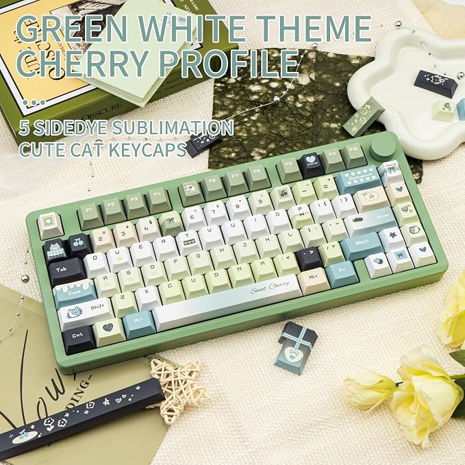 Gradient Green PBT Keycaps, Cute Cat Keycaps Set, 145 Keys Cherry Profile Dye-Sub Custom Keycap, Kawaii Anime Custom Key Caps for 60%, 65%, 75%, 100% Cherry MX Mechanical Keyboard