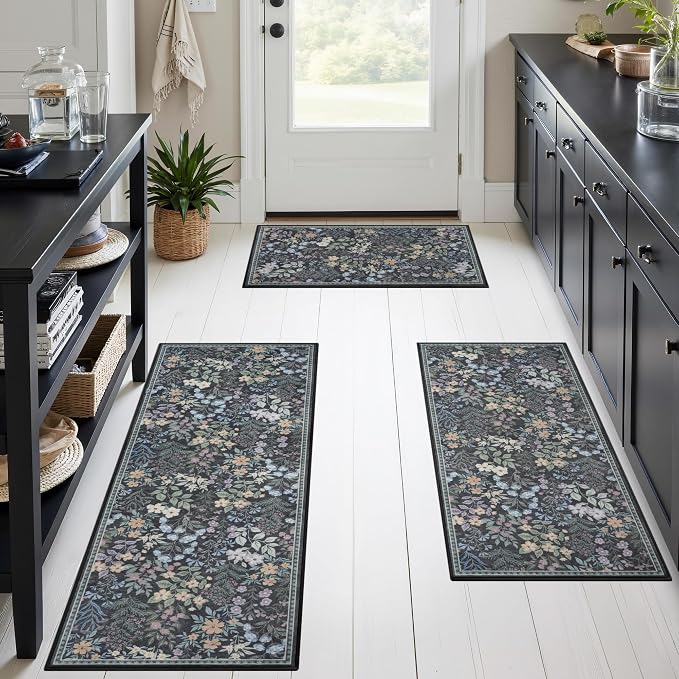 GRANNY SAYS Boho Kitchen Rug Sets of 3, Non Slip Washable Faux Wool Kitchen Mats for Floor, Thick Soft Anti-Fatigue Comfort Standing Mat Runner Rugs for Hallway Laundry Room, Black Flower