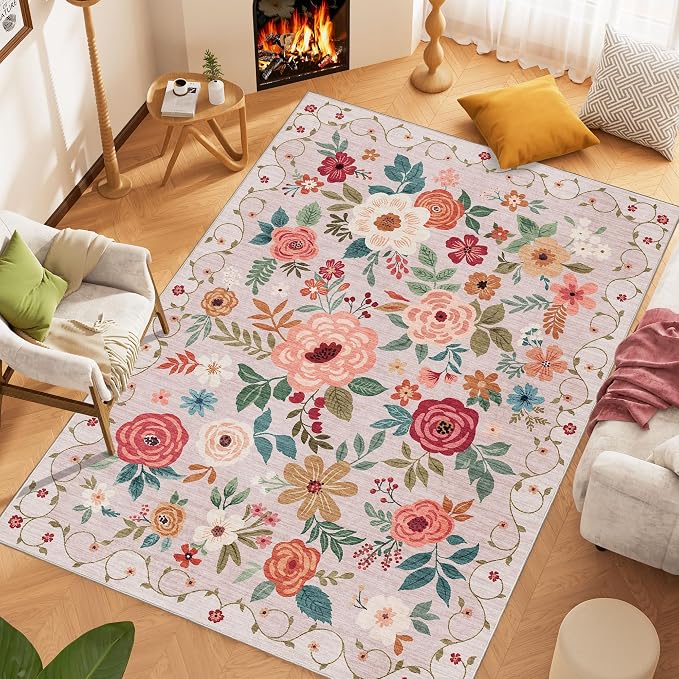 DUKINO 9x12 Area Rug, Floral Rugs for Living Room, Lightweight Non Slip Washable Rug, Indoor Low Pile & Non-Shedding Boho Design Rugs for Bedroom, Living Room, Dining Room, Beige