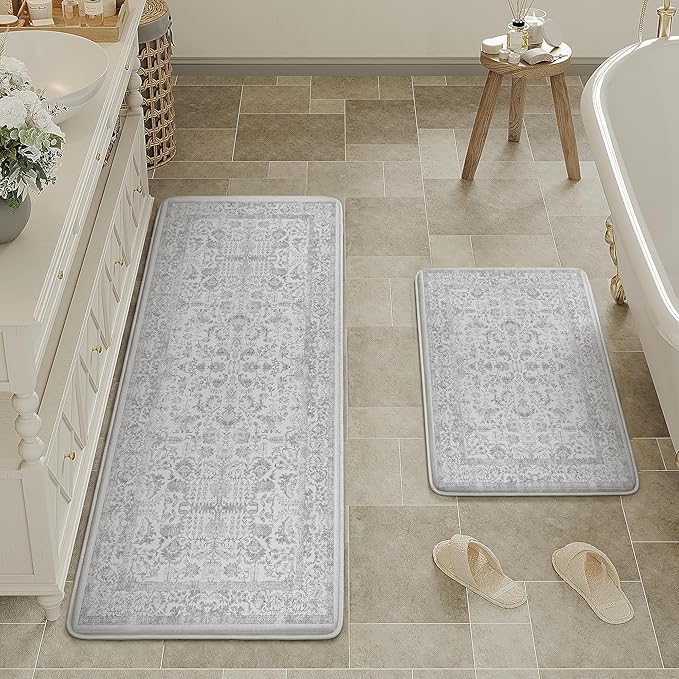 Kitchen Mats 2PCS Anti Fatigue Cushioned Mat Gray Vintage Kitchen Mats for Floor Waterproof Non Slip Comfort Standing Grey Retro Floral Rug for Sink Laundry Office 17.3"x59"+17.3"x30"