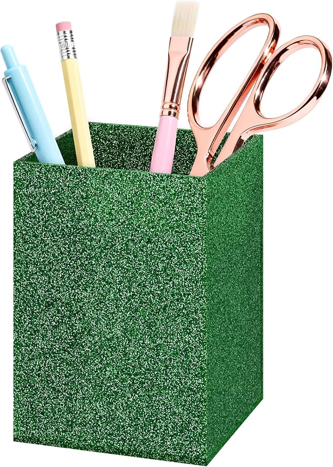 Acrylic Pen Holder Desk Organizer for Office, Green Glitter | Sparkling glitter acrylic makeup brush and pencil holder for desk, Modern desktop organizer for home, school and office