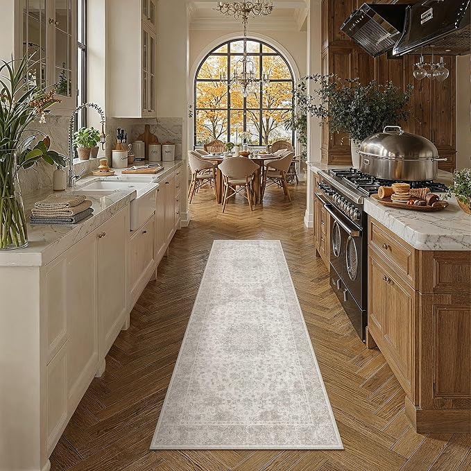 PureCozy 2x7 Runner Rug Washable Neutral Beige Vintage Hallway Kitchen Carpet Non Slip Low Pile Soft Floral Indoor Long Throw Rug for Bedroom Bathroom Laundry Living Room