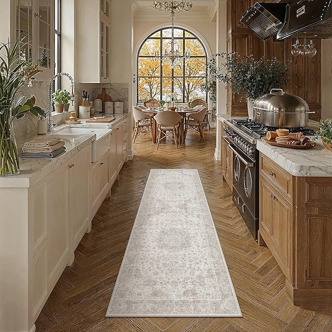 PureCozy 2x5 Runner Rug Washable Neutral Beige Vintage Hallway Kitchen Carpet Non Slip Low Pile Soft Floral Indoor Long Throw Rug for Bedroom Bathroom Laundry Living Room