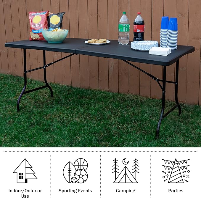 Lavish Home Portable Folding Tables - Lightweight Portable Folding Desk - 6-Foot-Long Indoor or Outdoor Utility Tables for Camping, Events, Dining, Crafts, or Banquets (Set of 2/Black)