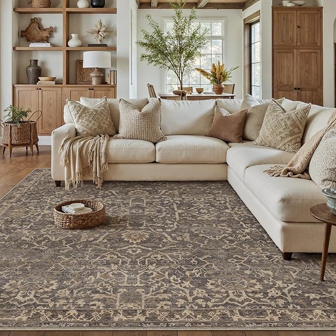 HUGEAR Area Rug 9x12 Retro Brown Machine Washable Living Room Rugs Distressed Vintage Floral Vacuumable Low Pile Carpet Bedroom Office Dining Room Laundry Room Non Slip Soft Lightweight