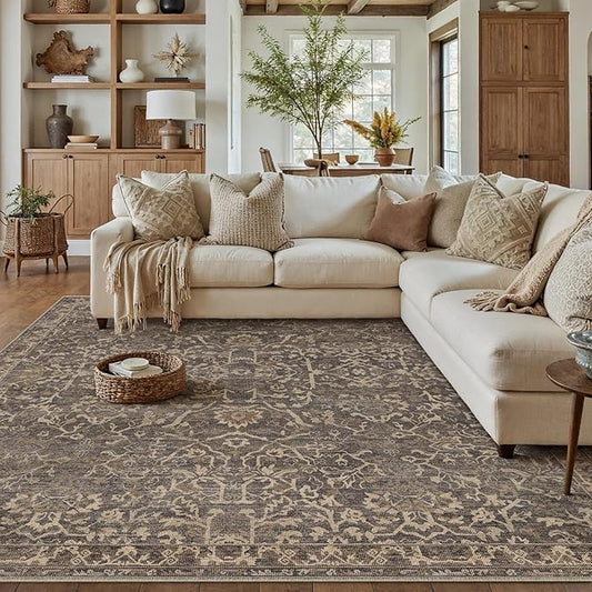 HUGEAR Area Rug 9x12 Retro Brown Machine Washable Living Room Rugs Distressed Vintage Floral Vacuumable Low Pile Carpet Bedroom Office Dining Room Laundry Room Non Slip Soft Lightweight