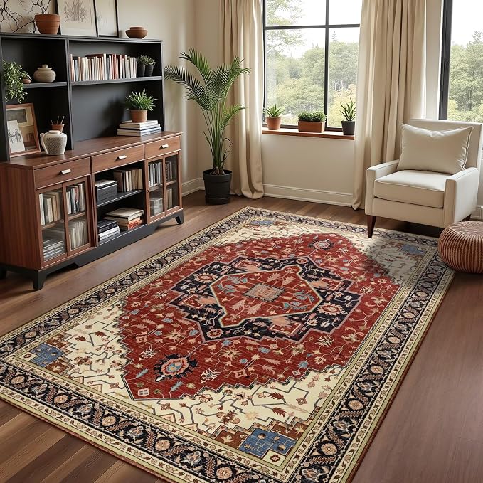 Macgace 6x9 Orange Red Area Rug for Living Room, Machine Washable Rugs with Non-Slip Backing for Bedroom, Vintage Medallion Carpet Dining Room Office Kids Room Decor